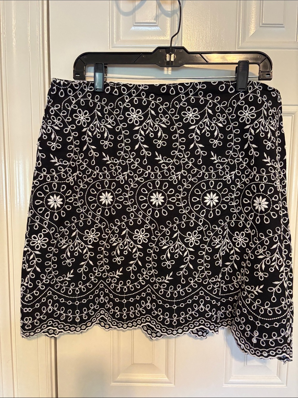 LOFT Black A-Line Skirt with White Embroidered Floral Pattern